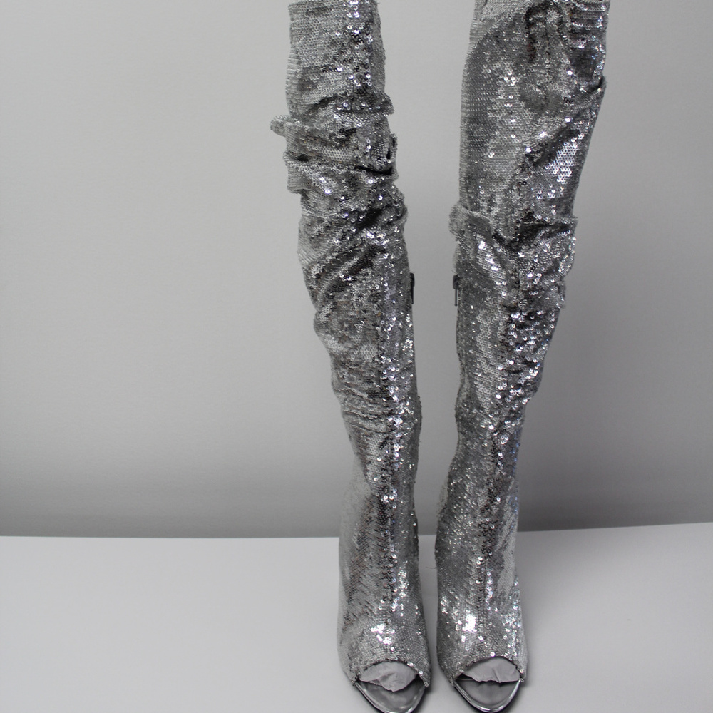 Womens Silver Sequins Over The Knee Slouchy Boots - Picture 2 of 8